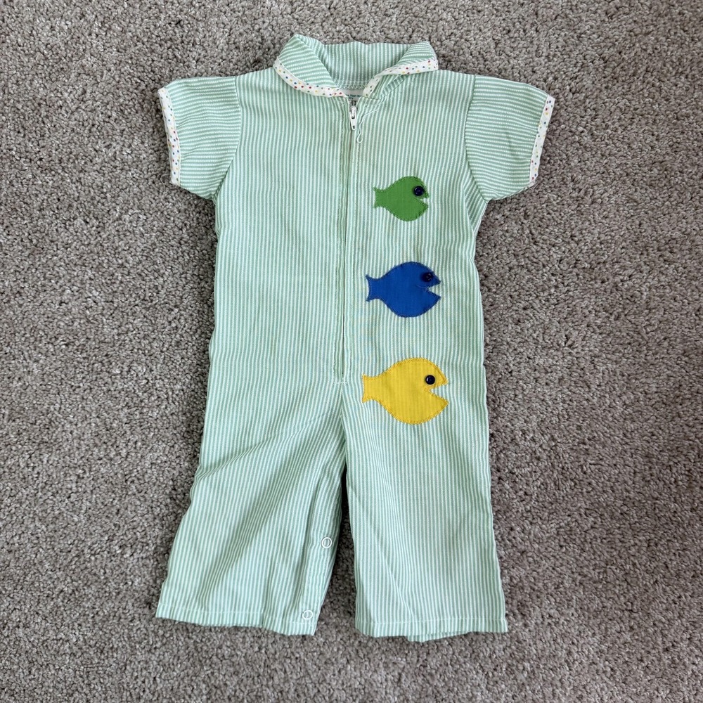 Vintage Toddle Time Romper Baby Boys 6-9M Green Striped Fish Nautical JCPenney